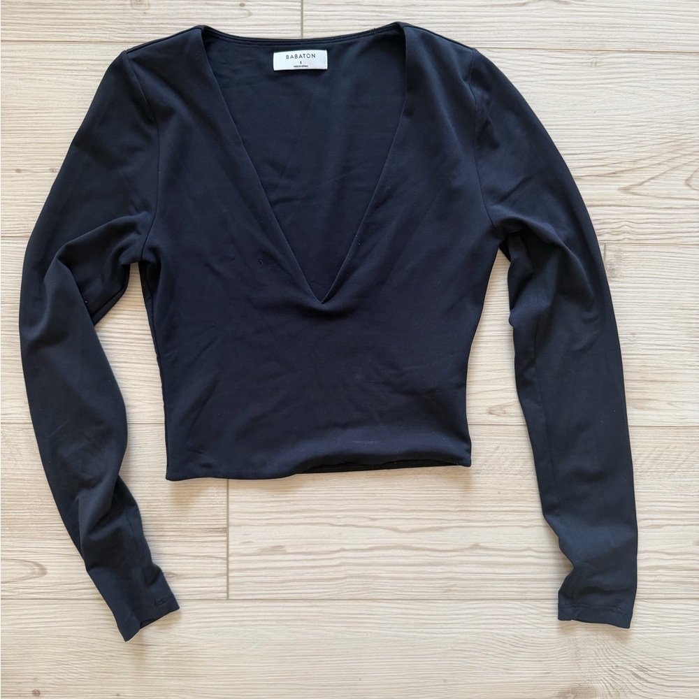 Babaton Deep V-Neck Black Long Sleeve Top